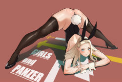 Rule 34 | 1girl, absolutemabbak, alternate costume, animal ears, ass, backless leotard, black leotard, black thighhighs, blonde hair, blue eyes, blush, clara (girls und panzer), closed mouth, copyright name, fake animal ears, girls und panzer, half-closed eyes, highres, jack-o&#039; challenge, leotard, long hair, looking at viewer, meme, playboy bunny, rabbit ears, rabbit tail, red background, smile, solo, spread legs, tail, thighhighs, wide spread legs