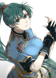 Rule 34 | 1girl, blue dress, blurry, breasts, delsaber, depth of field, dress, dutch angle, earrings, fingerless gloves, fire emblem, gloves, green eyes, green hair, hair between eyes, highres, jewelry, large breasts, long hair, looking at viewer, lyn (fire emblem), nintendo, ponytail, scowl, solo, white background