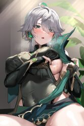 Rule 34 | 1girl, :o, alhaitham (genshin impact), black leotard, blush, breasts, clothes pull, commentary request, covered navel, detached sleeves, eyelashes, genderswap, genderswap (mtf), genshin impact, gloves, green hair, grey hair, hair between eyes, hair over one eye, highres, hominamia, large breasts, leotard, looking at viewer, multicolored hair, parted lips, partially fingerless gloves, plant, sitting, solo, sweat