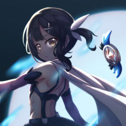 Rule 34 | 1girl, absurdres, backless outfit, bare shoulders, black hair, blurry, blurry background, brown eyes, cape, closed mouth, commentary request, depth of field, detached sleeves, fate/kaleid liner prisma illya, fate (series), full moon, hair ornament, hair ribbon, hairclip, highres, kaleidostick, long hair, looking at viewer, looking to the side, magical girl, magical sapphire, miyu edelfelt, moon, purple sleeves, ribbon, side ponytail, solo, upper body, white cape, white ribbon, x hair ornament, zongren