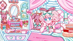 Rule 34 | 1girl, animal ears, animated, animated gif, aqua eyes, blinking, blonde hair, bow, bri (vtuber), commentary, commission, cookie, dream-buns, english commentary, fake animal ears, flower, food, hair bow, indie virtual youtuber, indoors, mirror, pixel art, rabbit ears, short hair, short twintails, solo, sparkle, stuffed animal, stuffed rabbit, stuffed toy, teapot, twintails, virtual youtuber, window, yume kawaii