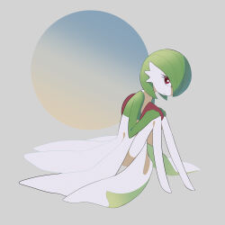 Rule 34 | 1girl, bob cut, closed mouth, colored skin, creatures (company), female focus, flat chest, from side, full body, game freak, gardevoir, gen 3 pokemon, green hair, green skin, grey background, hair over one eye, hands on own knees, highres, hotarubi (bugkhdu), knees together feet apart, knees up, leaning forward, legs, looking at viewer, multicolored background, multicolored skin, nintendo, one eye covered, pokemon, pokemon (creature), red eyes, short hair, sitting, solo, two-tone skin, white skin