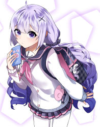 Rule 34 | 1girl, absurdres, ahoge, azur lane, bad id, bad pixiv id, bag, bag charm, blunt bangs, cellphone, charm (object), commentary request, eyes visible through hair, hair ornament, hareriya, highres, holding, holding phone, leaning forward, long hair, looking at viewer, low twintails, official alternate costume, pantyhose, phone, pleated skirt, purple eyes, purple hairn, school bag, school uniform, serafuku, sidelocks, simple background, skirt, smartphone, solo, stuffed winged unicorn, twintails, unicorn (long-awaited date) (azur lane), unicorn (azur lane), white background, white pantyhose, x hair ornament