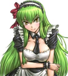 Rule 34 | 1girl, alternate costume, amania orz, apron, arm under breasts, breasts, c.c., cleavage, cleavage cutout, clothing cutout, code geass, enmaided, frills, large breasts, long hair, looking at viewer, maid, maid apron, maid headdress, necktie, solo, very long hair, white hair