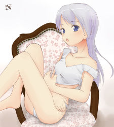 Rule 34 | 00s, 1girl, armchair, barefoot, blue eyes, blush, camisole, chair, crossed arms, eila ilmatar juutilainen, female focus, gradient background, half-shirt, hanyu, legs up, long hair, off shoulder, open mouth, panties, purple hair, signature, silver hair, simple background, sitting, solo, strap slip, strike witches, underwear, world witches series