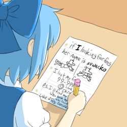 Rule 34 | circled 9, 1girl, blue hair, bow, child&#039;s drawing, cirno, english text, engrish text, female focus, from above, hair bow, holding, kouotsu, meme, moriya suwako, paper, parody, pencil, ranguage, solo, touhou, translated, wooden pencil, writing