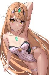 Rule 34 | 1girl, absurdres, arm up, armpits, artist name, bare shoulders, blonde hair, breasts, brown eyes, chest jewel, choker, closed mouth, collarbone, commentary, english commentary, eyelashes, gold trim, highres, leaning to the side, long hair, looking at viewer, medium breasts, mythra (radiant beach) (xenoblade), mythra (xenoblade), official alternate costume, one-piece swimsuit, parted bangs, ribbed swimsuit, simple background, smile, solo, strapless, strapless one-piece swimsuit, swept bangs, swimsuit, thigh strap, thighs, tiara, very long hair, white background, white choker, white one-piece swimsuit, x xith x, xenoblade chronicles (series), xenoblade chronicles 2, yellow eyes