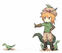 Rule 34 | 1boy, argyle, argyle clothes, argyle sweater, bad id, bad pixiv id, brown gloves, brown hat, creature, diego brando, dinosaur, gloves, green shirt, hand on own hip, hat, jodhpurs, jojo no kimyou na bouken, long sleeves, male focus, md5 mismatch, outstretched arms, pants, sanzasi, scary monsters (stand), shirt, simple background, spurs, stand (jojo), standing, steel ball run, sweater, tail, white background