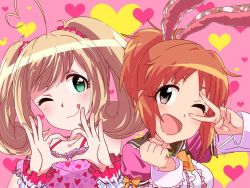 Rule 34 | 10s, 2girls, abe nana, ahoge, animal ears, green eyes, heart, heart ahoge, heart hands, idolmaster, idolmaster cinderella girls, looking at viewer, multiple girls, open mouth, ponytail, rabbit ears, sato shin, smile, tongue, tongue out, twintails