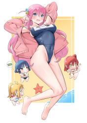 Rule 34 | 4girls, arms up, bare arms, bare legs, barefoot, beach, bikini, blonde hair, blue eyes, blue one-piece swimsuit, bocchi the rock!, border, breasts, chen yang yang, chibi, covered navel, cube hair ornament, dot nose, frown, full body, furrowed brow, gotoh hitori, green eyes, groin, hair between eyes, hair ornament, highleg, highleg swimsuit, ijichi nijika, jacket, jitome, kita ikuyo, knees together feet apart, large breasts, legs, legs apart, long hair, looking at viewer, mole, mole under eye, multiple girls, one-piece swimsuit, open clothes, open jacket, open mouth, outside border, pink hair, red hair, short hair, sideboob, smile, solo focus, starfish, swimsuit, tareme, teeth, thighs, toes, tsurime, upper teeth only, white border, yamada ryo, yellow background, yellow eyes
