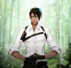 Rule 34 | 1boy, aragami oga, belt, belt buckle, black gloves, black hair, black pants, blurry, blurry background, buckle, chest harness, dark-skinned male, dark skin, dress shirt, earrings, eyebrows hidden by hair, gloves, green eyes, hair between eyes, harness, highres, holostars, horns, ice horns, jewelry, looking at viewer, open mouth, pants, pouch, sharp teeth, shirt, sinap (12000klb), single horn, sleeves past elbows, sleeves rolled up, smile, solo, teeth, virtual youtuber, white shirt