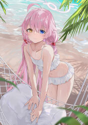 Rule 34 | 1girl, :3, ahoge, arm support, bare arms, bare shoulders, beach, beads, bikini, blue archive, blue eyes, breasts, collarbone, commentary request, dema hmw, frilled bikini, frills, hair beads, hair flaps, hair ornament, halo, hammock, heterochromia, highres, hoshino (blue archive), hoshino (swimsuit) (blue archive), leaning forward, long hair, looking at viewer, low twintails, navel, official alternate costume, outdoors, palm leaf, pillow, pink hair, shadow, small breasts, smile, solo, sparkle, stomach, swimsuit, thighs, twintails, very long hair, water, wet, wet hair, white bikini, yellow eyes