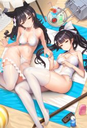 Rule 34 | 2girls, animal ears, arm support, atago (azur lane), atago (summer march) (azur lane), azur lane, bag, ball, beach, beach towel, beachball, black hair, bow, breasts, can, casual one-piece swimsuit, cleavage, clothing cutout, commentary request, criss-cross halter, day, drink, feet, from above, hair bow, hair flaps, halterneck, highres, looking at viewer, lying, machinery, mole, mole under eye, multiple girls, navel cutout, no shoes, on back, one-piece swimsuit, orange eyes, ponytail, qbase, revision, ribbon, smile, swimsuit, takao (azur lane), takao (beach rhapsody) (azur lane), thighhighs, towel, tray, umbrella, white bow, white legwear, white one-piece swimsuit, white ribbon