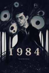Rule 34 | 1984 (novel), 1boy, absurdres, closed mouth, copyright name, dripping, expressionless, eyeball, greyscale, highres, male focus, monochrome, sedl 04, short hair, solo, very short hair, winston smith (1984)