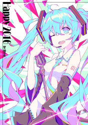 Rule 34 | 1girl, aqua eyes, aqua hair, artist name, breasts, commentary, detached sleeves, happy new year, hatsune miku, headphones, headset, highres, holding, holding microphone, litsvn, long hair, microphone, microphone stand, necktie, new year, one eye closed, open mouth, round teeth, skirt, sleeveless, small breasts, solo, teeth, twintails, very long hair, vintage microphone, vocaloid, wide sleeves