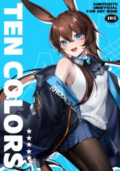 Rule 34 | 1girl, amiya (arknights), animal ear fluff, animal ears, arknights, black footwear, black jacket, blue background, blue eyes, blue skirt, breasts, brown hair, brown pantyhose, comiket 103, commentary request, drop shadow, hair between eyes, highres, jacket, long hair, long sleeves, looking at viewer, off shoulder, open clothes, open jacket, pantyhose, plaid, plaid skirt, pleated skirt, ponytail, puffy long sleeves, puffy sleeves, rabbit ears, shirt, shoes, sidelocks, skirt, sleeveless, sleeveless shirt, sleeves past fingers, sleeves past wrists, small breasts, solo, umeno shii, very long hair, white shirt