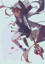 Rule 34 | 1girl, blue background, brown dress, brown footwear, brown hair, brown hat, closed mouth, commentary request, dress, flower-shaped pupils, flower knot, full body, genshin impact, ghost, hat, highres, holding, holding polearm, holding weapon, hu tao (genshin impact), long hair, looking at viewer, polearm, potg (piotegu), red eyes, signature, simple background, socks, solo, spear, symbol-shaped pupils, tongue, tongue out, weapon, white socks