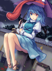 Rule 34 | 1girl, blouse, blue bow, blue eyes, blue hair, blue skirt, blue sky, blue vest, bow, breasts, cloud, cloudy sky, commentary request, eyes visible through hair, fingernails, flower, from below, full body, ghost, hair between eyes, hands up, heterochromia, highres, hitodama, holding, holding umbrella, juliet sleeves, leaf, long fingernails, long sleeves, looking at viewer, looking down, medium breasts, monety, nail polish, night, night sky, open mouth, pink nails, puffy long sleeves, puffy sleeves, red eyes, shirt, short hair, shrine, sitting, skirt, sky, slippers, socks, solo, tatara kogasa, thighs, toenail polish, toenails, tongue, touhou, tree, umbrella, vest, wall, white shirt, white socks, worried