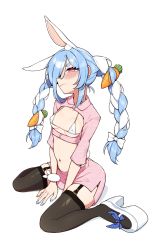 Rule 34 | 1girl, absurdres, animal ear fluff, animal ears, between legs, bikini, black thighhighs, blue hair, blush, bra, braid, breasts, carrot, carrot hair ornament, embarrassed, food-themed hair ornament, garter straps, hair ornament, hand between legs, hands on ground, high heels, highres, hikimayu, hololive, kneeling, leggings, long hair, meme attire, micro bikini, multicolored hair, multicolored nails, nail polish, nearly naked sweater, open-chest sweater, orange eyes, rabbit-shaped pupils, rabbit ears, rabbit girl, rabbit tail, sandals, small breasts, sweater, swept bangs, swimsuit, symbol-shaped pupils, tail, thick eyebrows, thighhighs, thighs, twin braids, two-tone hair, underwear, unexistarts, usada pekora, virtual youtuber, wavy mouth, white bra, white hair