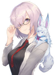 Rule 34 | 1girl, adjusting eyewear, black dress, breasts, creature, dress, fate/grand order, fate (series), fou (fate), glasses, hair over one eye, kachiino, large breasts, looking at viewer, mash kyrielight, necktie, purple eyes, purple hair, short hair, simple background, smile, upper body, white background