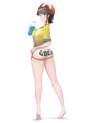 Rule 34 | 1girl, absurdres, aqua eyes, ass, backwards hat, bare legs, barefoot, baseball cap, bottle, breasts, brown hair, bunpil, closed mouth, clothes writing, english text, from behind, full body, hat, highres, hololive, large breasts, legs, looking at viewer, looking back, loose clothes, loose shirt, micro shorts, nape, oozora subaru, oozora subaru (1st costume), oversized clothes, oversized shirt, red hat, shirt, short hair, short shorts, shorts, sidelocks, simple background, solo, striped clothes, striped shirt, swept bangs, t-shirt, tiptoes, two-tone headwear, vertical-striped clothes, vertical-striped shirt, virtual youtuber, water bottle, white background, white shirt, white shorts, writing on ass, yellow shirt