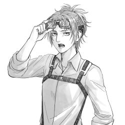 Rule 34 | 1other, androgynous, commentary request, flat chest, goggles, goggles on head, greyscale, hange zoe, highres, monochrome, open mouth, other focus, ponytail, shingeki no kyojin, sleeves rolled up, solo, suspenders, upper body, yonchi