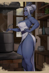 Rule 34 | 1girl, bare shoulders, biceps, bottle, cherry-gig, colored skin, cooking, cooking pot, dark elf, dress, dungeons &amp; dragons, elf, english text, from side, grey skin, hand on own hip, highres, holding, holding ladle, housewife, indoors, jar, ladle, pointy ears, purple lips, red eyes, shelf, side slit, sinafay (cherry-gig), sleeveless, sleeveless dress, solo, thick thighs, thighs, toned, updo, white dress, white hair, window