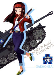 Rule 34 | 1girl, absurdres, blue pants, brown eyes, brown hair, character name, collarbone, floating hair, girls und panzer, green footwear, grin, headband, high heels, highres, holding, holding sheath, holding sword, holding weapon, jacket, katana, leg up, long hair, long sleeves, looking at viewer, military, military vehicle, motor vehicle, one eye closed, open clothes, open jacket, pants, red headband, red jacket, saemonza (girls und panzer), sheath, shirt, smile, solo, standing, standing on one leg, sturmgeschutz iii, sword, tank, unsheathing, weapon, white background, white shirt