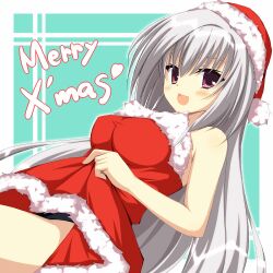 Rule 34 | 1girl, :d, aqua background, asagi nanami, bare arms, black panties, blush, border, breasts, christmas, clothes lift, commentary request, dracu-riot!, dress, dress lift, dutch angle, elena olegovna owen, eyebrows hidden by hair, eyelashes, fur-trimmed dress, fur trim, grey hair, hair between eyes, hat, large breasts, lifting own clothes, long hair, looking at viewer, merry christmas, open mouth, panties, panty peek, red eyes, santa dress, santa hat, short dress, simple background, smile, solo, strapless, strapless dress, underwear, very long hair, white border, white fur