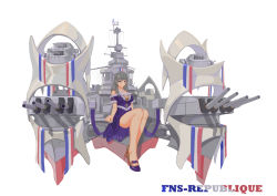 Rule 34 | 1girl, absurdres, artillery, bare shoulders, blue eyes, breasts, character name, cleavage, dress, french flag, grey hair, heart, heart-shaped pupils, high heels, highres, long hair, original, personification, purple dress, republique (wows), rigging, shoes, simple background, symbol-shaped pupils, turret, two-tone footwear, white background, world of warships, yukiale