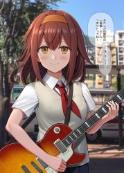 Rule 34 | 1girl, alternate costume, black skirt, blush, breasts, brown eyes, brown hair, building, car, city, cloud, cloudy sky, collarbone, collared shirt, cowboy shot, electric guitar, guitar, hair between eyes, hair flaps, hairband, highres, holding, holding instrument, ichikawa feesu, instrument, kantai collection, looking at viewer, medium hair, motor vehicle, orange hairband, outdoors, red neckwear, road, school uniform, shiratsuyu (kancolle), shirt, skirt, sky, small breasts, smile, solo, speech bubble, street, taxi, tree, vest