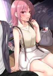 Rule 34 | 1boy, 1girl, :d, bag, bed, blush, book, bookshelf, breasts, cellphone, cleavage, curtains, highres, ikura nagisa, looking at viewer, medium hair, mole, mole above mouth, necktie, open mouth, original, phone, photo (object), pillow, pink eyes, pink hair, scissors, sitting, skirt, sleeveless, smartphone, smile, solo, teeth, tongue, tongue out, wariza, yandere