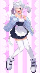Rule 34 | 1girl, :d, absurdres, animal ear fluff, animal ears, apron, bare shoulders, blush, breasts, cat tail, child, detached collar, double bun, fake tail, fujisaki subaru, full body, goddess of victory: nikke, grey eyes, grey hair, hair bun, heart, heart hands, highres, jacket, maid, maid apron, maid headdress, n102 (nikke), one eye closed, open mouth, shoes, short twintails, skindentation, small breasts, smile, sneakers, solo, tail, thighhighs, twintails, white thighhighs