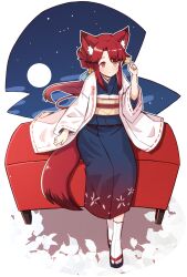 Rule 34 | 1girl, animal ears, blue kimono, closed mouth, cloud, commentary request, couch, floral print, fox ears, fox girl, fox tail, full body, full moon, geta, haori, highres, jacket, japanese clothes, kimono, light blush, long hair, moon, night, night sky, obi, original, ponytail, red eyes, red hair, red ribbon, red tail, ribbon, sash, sitting, sky, smile, solo, star (sky), tabi, tail, white background, white jacket, yukinagi