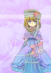 Rule 34 | &gt;:(, 1girl, banquet of the golden witch, black gloves, blue eyes, capelet, dress, elbow gloves, eva beatrice, flower, frilled capelet, frills, frown, gloves, hat, hat flower, heart, kazeri, lace-trimmed headwear, lace background, lace trim, layered dress, orange hair, purple capelet, purple dress, red flower, red ribbon, red rose, ribbon, rose, solo, umineko no naku koro ni