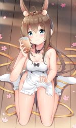 Rule 34 | 1girl, amiya (arknights), animal ears, apron, arknights, bad id, bad pixiv id, bare shoulders, blue eyes, blush, breasts, brown hair, bubble tea, chintora0201, cleavage, collarbone, commentary, from above, hair between eyes, heart, heart in eye, highres, holding, long hair, looking at viewer, medium breasts, mole, mole on breast, naked apron, no panties, on ground, rabbit ears, sitting, smile, socks, solo, symbol in eye, thighs, white socks