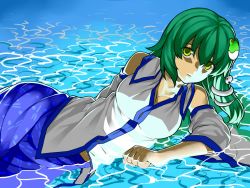 Rule 34 | 1girl, bad id, bad pixiv id, bare shoulders, breasts, buoyant hair, cleavage, detached sleeves, female focus, frog hair ornament, green eyes, green hair, hair ornament, hair tubes, harumaki-0327, kochiya sanae, long hair, lying, matching hair/eyes, on side, partially submerged, skirt, snake, solo, touhou, water