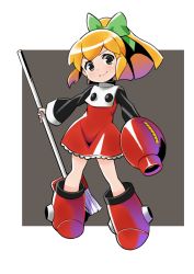 Rule 34 | 1girl, absurdres, arm cannon, blonde hair, boots, bow, broom, dress, female focus, full body, green bow, green eyes, highres, kuronea, looking at viewer, mega man (classic), mega man (series), ponytail, red dress, red footwear, roll (mega man), smile, solo, standing, weapon