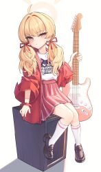 Rule 34 | 1girl, absurdres, amplifier, black footwear, blonde hair, blue archive, breasts, closed mouth, electric guitar, guitar, hair ribbon, highres, holding, holding instrument, instrument, jacket, long hair, long sleeves, looking at viewer, low twintails, official alternate costume, open clothes, open jacket, pleated skirt, red jacket, red ribbon, red skirt, ribbon, ricke 2002, shirt, shoes, simple background, sitting, skirt, socks, solo, twintails, white background, white shirt, white socks, yellow eyes, yoshimi (band) (blue archive), yoshimi (blue archive)