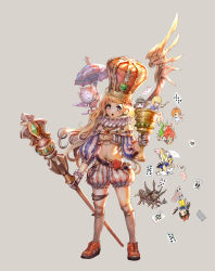 Rule 34 | 1girl, blonde hair, blue eyes, card, chalice, chibi, crown, cup, earrings, floating card, gem, gloves, jewelry, long hair, looking at viewer, midriff, necklace, open mouth, original, playing card, scepter, shaonav, simple background, standing, thighhighs, umbrella