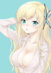 Rule 34 | 10s, 1girl, bad id, bad pixiv id, blonde hair, boku wa tomodachi ga sukunai, breasts, butterfly hair ornament, cleavage, hair ornament, hand in own hair, kashiwazaki sena, large breasts, long hair, looking at viewer, parted lips, shiny skin, simple background, solo, tabasco (deathsauce)
