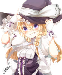 Rule 34 | 1girl, :d, alternate eye color, bad id, bad pixiv id, blonde hair, blue eyes, bow, braid, breasts, grin, hands on headwear, hat, hat bow, kirisame marisa, long hair, open mouth, pointing, pointing up, purple eyes, signature, single braid, small breasts, smile, solo, touhou, underbust, varyu, witch hat