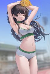 Rule 34 | 1girl, ;d, armpits, arms up, bare arms, bare shoulders, black hair, blue sky, blurry, blurry background, breasts, cheerleader, choker, cleavage, commentary, cowboy shot, crop top, day, depth of field, floating hair, green choker, halterneck, hand on own wrist, highres, holding, holding pom poms, idolmaster, idolmaster shiny colors, legs together, leviathan (hikinito0902), long hair, looking at viewer, mayuzumi fuyuko, medium breasts, micro shorts, midriff, navel, one eye closed, open mouth, outdoors, pom pom (cheerleading), pom poms, revealing clothes, shirt, short shorts, shorts, sky, sleeveless, sleeveless shirt, smile, solo, spaghetti strap, standing, stomach, thighs, white shirt, white shorts, yellow eyes