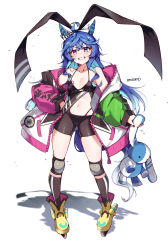 Rule 34 | 1girl, absurdres, ahoge, alternate hairstyle, animal ears, bandaid, bandaid on face, bare shoulders, belt, black bodysuit, black socks, blue eyes, blue hair, blush, bodysuit, bow, breasts, cleavage, coat, crossed bangs, full body, grin, hair bow, hair down, halterneck, hand on own chest, heterochromia, highres, holding, holding stuffed toy, horse ears, horse girl, horse tail, knee pads, kneehighs, long hair, long sleeves, looking at viewer, misoni (mi so ni t), navel, off shoulder, open clothes, open coat, purple eyes, roller skates, shadow, signature, skates, small breasts, smile, socks, solo, standing, stuffed animal, stuffed rabbit, stuffed toy, sweat, tail, twin turbo (umamusume), umamusume, white coat
