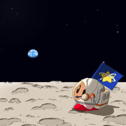 Rule 34 | astronaut, commentary request, crater, earth (planet), flag, headset, helmet, holding, holding flag, kirby, kirby (series), microphone, moon, nintendo, no humans, on moon, planet, pop star, satojoyu, shadow, solo, space, space helmet, standing, star (sky), star (symbol), white headwear