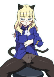 Rule 34 | 00s, 1girl, animal ears, black pantyhose, blonde hair, blue eyes, blush, crotch seam, glasses, highres, katou haruaki, long hair, panties, panties under pantyhose, pantyhose, perrine h. clostermann, solo, strike witches, tail, underwear, world witches series