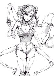 Rule 34 | 1girl, bikini, breasts, carapace, claws, cleavage, extra arms, extra eyes, greyscale, highres, arthropod girl, large breasts, looking at viewer, mandibles, monochrome, monster girl, nakamura regura, original, sketch, smile, solo, spider girl, swimsuit, v, white background