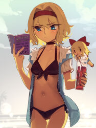 Rule 34 | 1girl, alice margatroid, bikini, black bikini, blonde hair, blue eyes, blush, boa (brianoa), book, breasts, closed mouth, commentary, cowboy shot, cup, drink, drinking straw, english commentary, hairband, highres, holding, holding book, holding cup, navel, open book, red hairband, shanghai doll, short hair, small breasts, solo, swimsuit, touhou