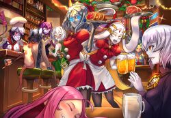 Rule 34 | 6+girls, absurdres, ahoge, alcohol, bar (place), bartender, beer, beer mug, blonde hair, blue eyes, cat, chef hat, christmas, clenched teeth, colored eyelashes, colored inner hair, colored skin, commentary, cup, demon girl, demon horns, demon tail, dress, drunk, dryad, english commentary, food, glowing, glowing eyes, golem, hair over one eye, hat, highres, horns, ibenz009, indoors, jewelry, mercury (element), metal skin, monster girl, mug, multicolored hair, multiple girls, necklace, original, pink hair, plate, purple hair, purple skin, red eyes, ribbon, santa dress, santa hat, slime girl, steak, tail, teeth, white hair, white skin, winter, yellow eyes