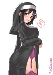 Rule 34 | 1girl, alternate costume, black eyes, black hair, blush, breasts, ebifurya, habit, haguro (kancolle), hair ornament, highres, kantai collection, large breasts, long sleeves, nun, open mouth, short hair, simple background, solo, tears, twitter username, white background